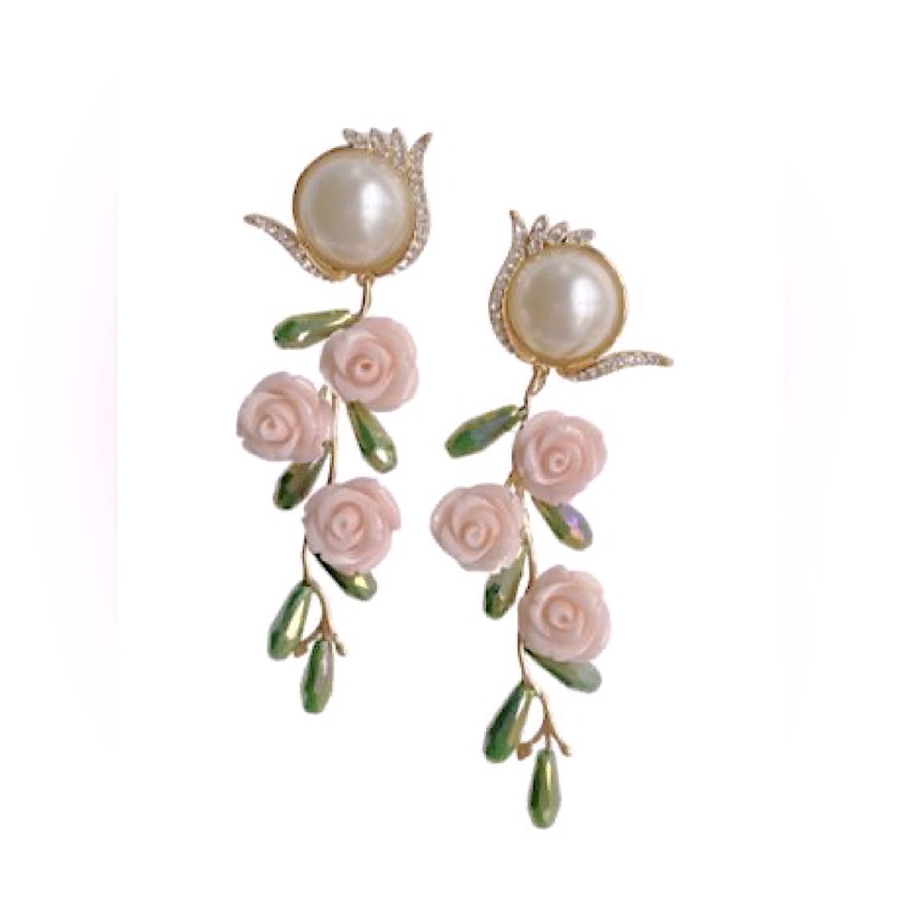 Nicola Bathie Embellished Pearly Pink Floral Drop Earrings